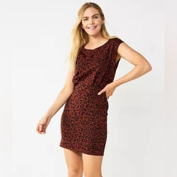 Nine West Leopard Print Cap Sleeve Ponte Sheath Mini Dress - Picture 1 of 10